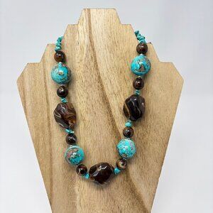 Chunky Beaded Necklace Faux Turquoise & Brown Earth Tone Stones Boho Statement